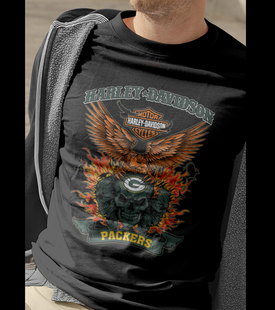 Harley Davidson Motor Cycles Packers Eagle And Skull Fire 0304 Nfl Green Bay T-Shirt