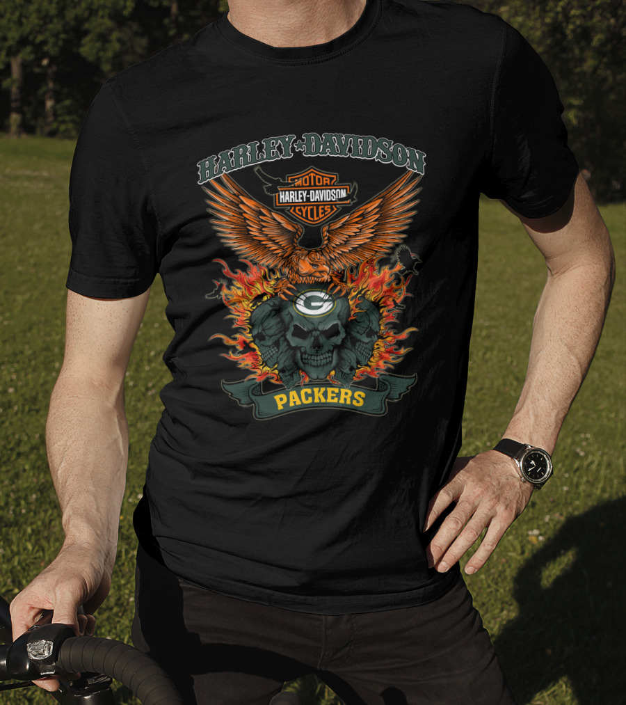Harley Davidson Motor Cycles Packers Eagle And Skull Fire 0304 Nfl Green Bay T-Shirt