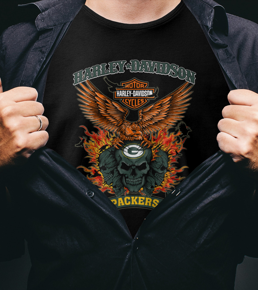 Harley Davidson Motor Cycles Packers Eagle And Skull Fire 0304 Nfl Green Bay T-Shirt
