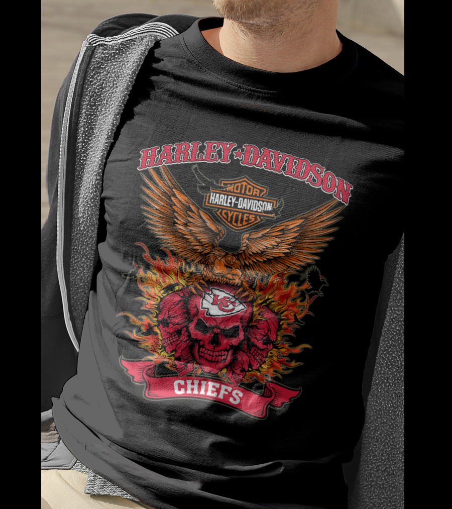 Harley Davidson Motor Cycles Kansas City Chiefs Skull Eagle Flames T-Shirt