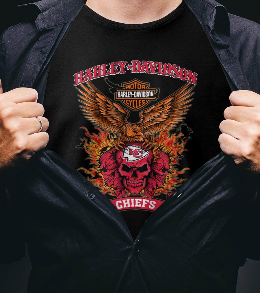 Harley Davidson Motor Cycles Kansas City Chiefs Skull Eagle Flames T-Shirt