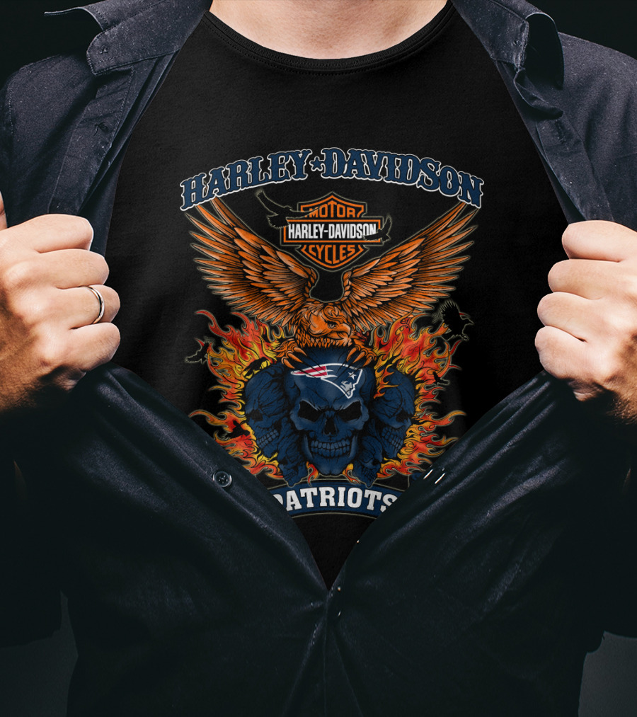 Harley Davidson Motor Cycles Patriots New England Nfl Skull Fire Wings T-Shirt