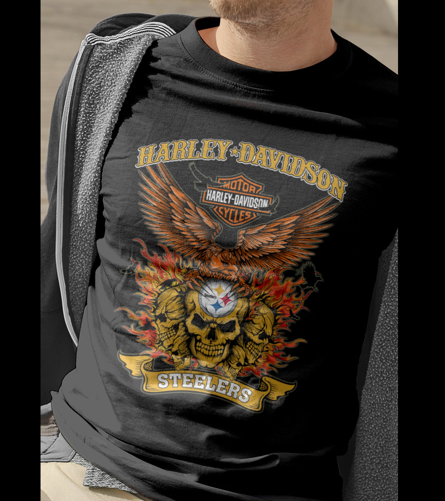 Harley Davidson Motorcycles Steelers Skull With Fire And Eagle 0304 Nfl Pittsburgh Steelers T-Shirt