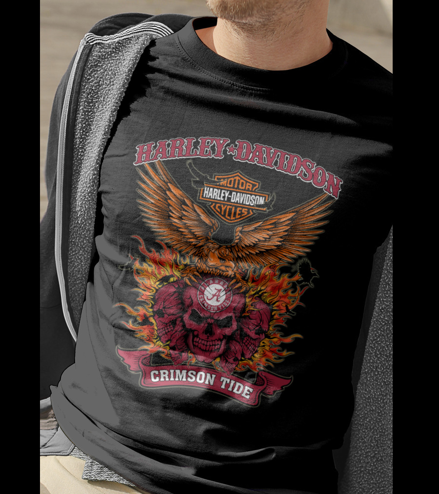 Harley Davidson Alabama Crimson Tide Flames And Eagle T-Shirt