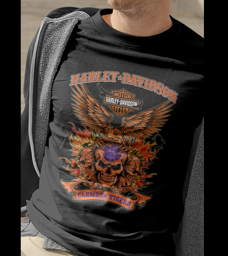 Harley Davidson Clemson Tigers Skull Flame Wings T-Shirt
