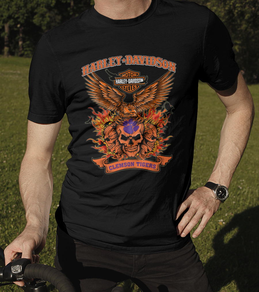 Harley Davidson Clemson Tigers Skull Flame Wings T-Shirt