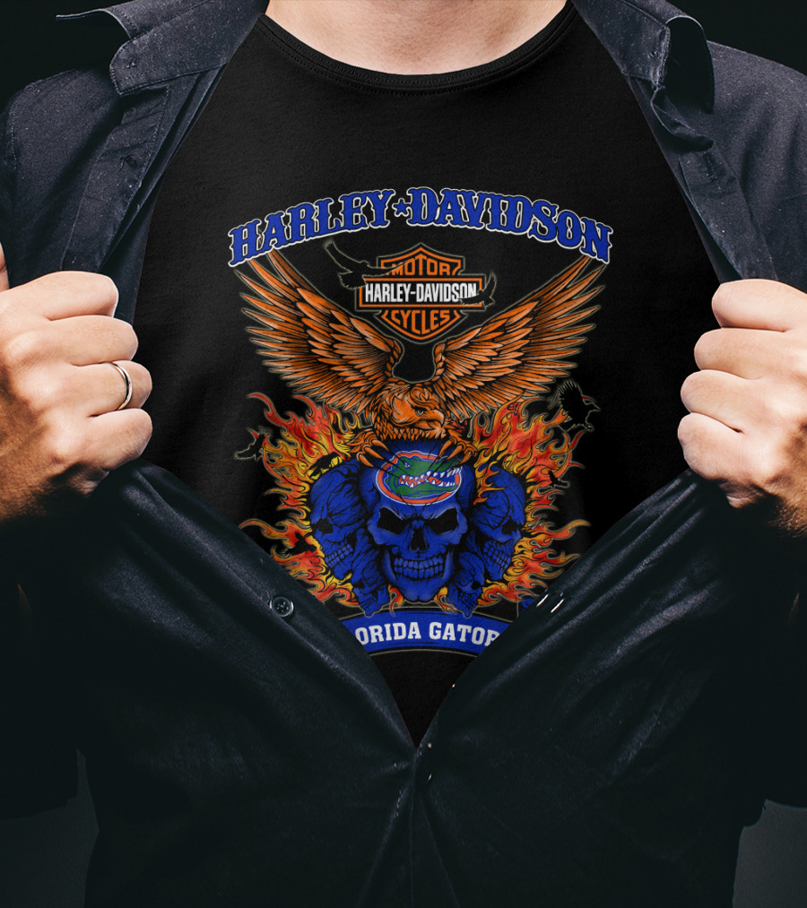 Harley Davidson Motorcycles Florida Gators Eagle Skull Flames T-Shirt