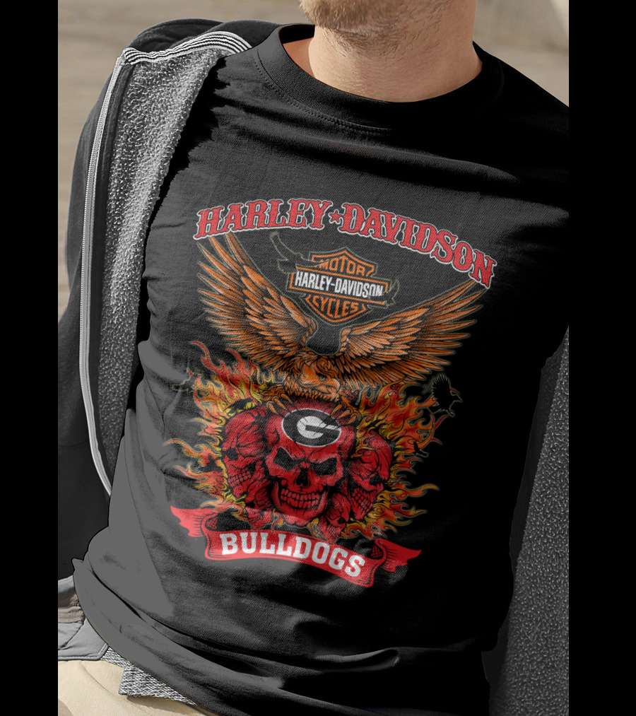 Harley Davidson Georgia Bulldogs Skull Fire Winged T-Shirt