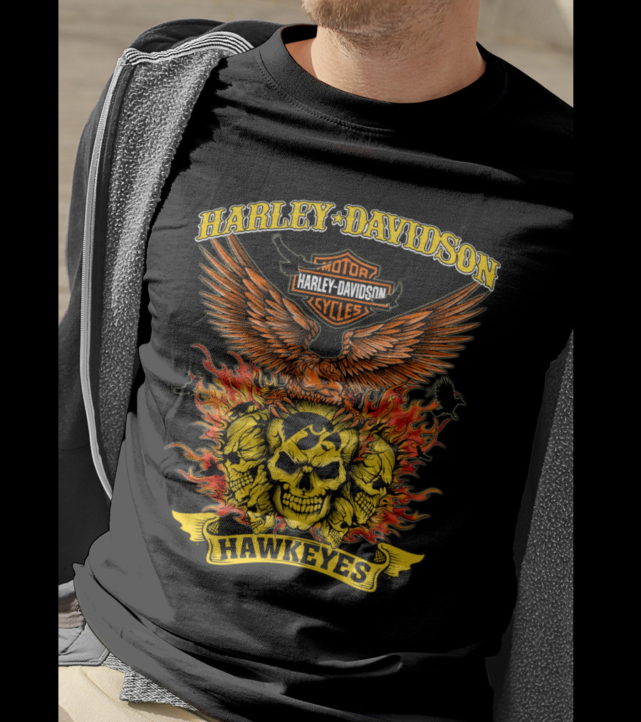 Harley Davidson Iowa Hawkeyes Flaming Skulls And Eagle T-Shirt