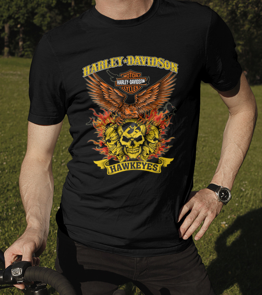 Harley Davidson Iowa Hawkeyes Flaming Skulls And Eagle T-Shirt