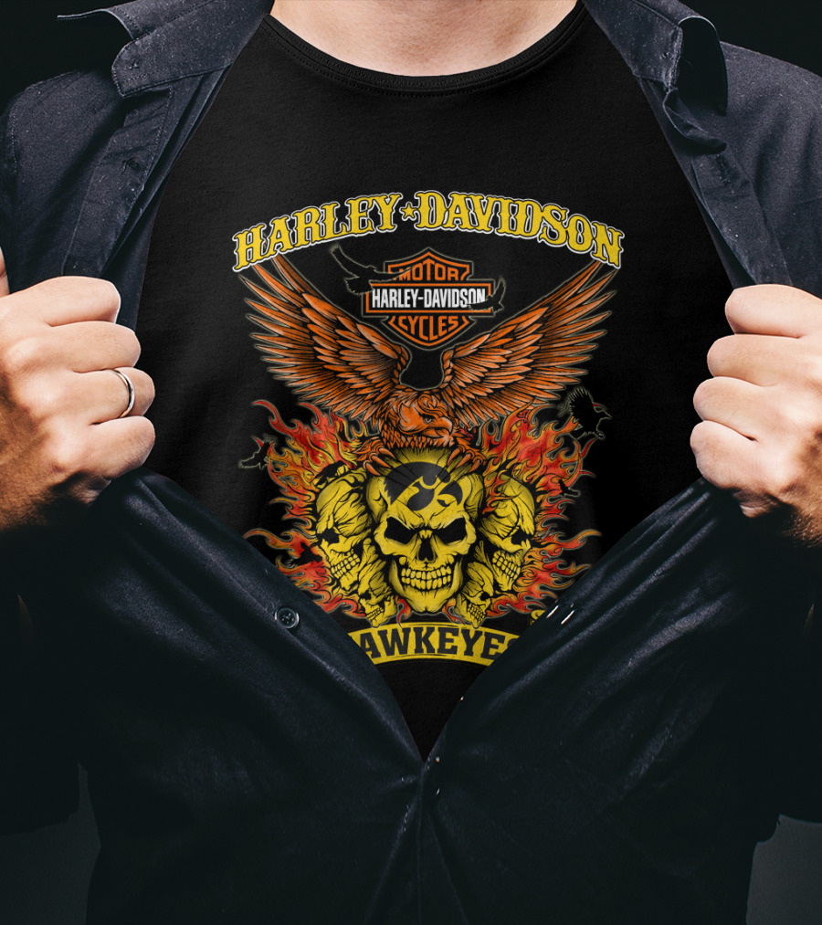 Harley Davidson Iowa Hawkeyes Flaming Skulls And Eagle T-Shirt