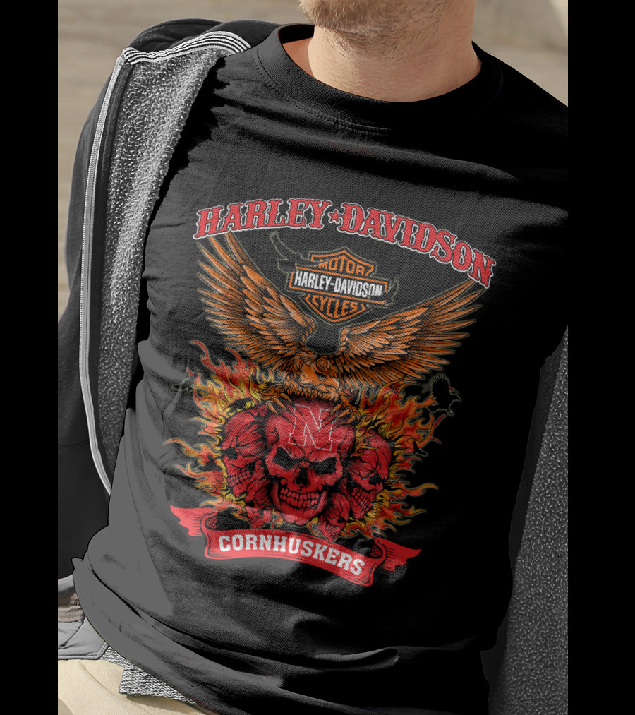 Harley Davidson Nebraska Cornhuskers Skull Flames 0304 Ncaa T-Shirt