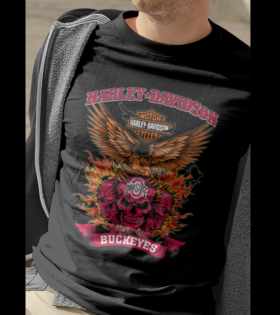 Harley Davidson Ohio State Buckeyes Skull Flames Eagle Wings T-Shirt