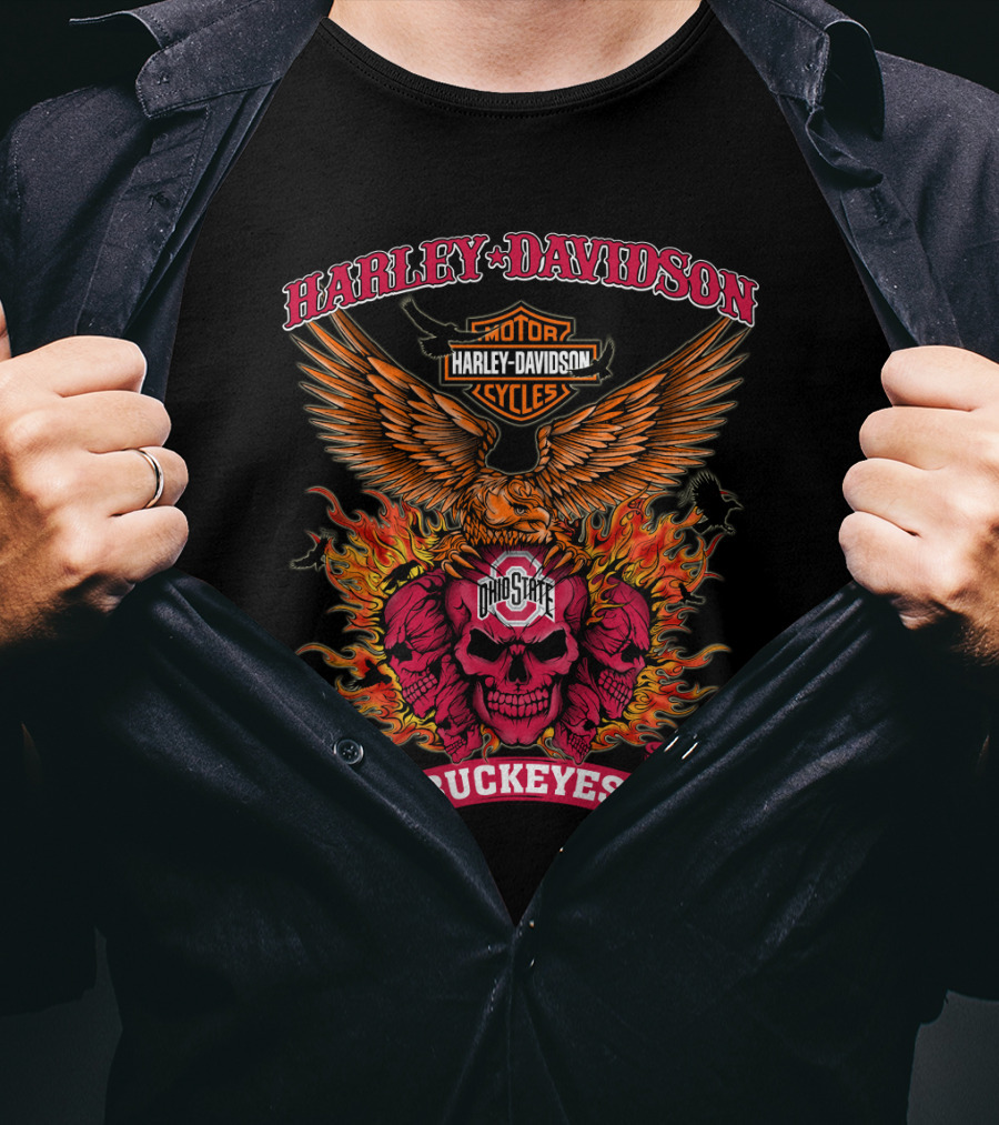Harley Davidson Ohio State Buckeyes Skull Flames Eagle Wings T-Shirt