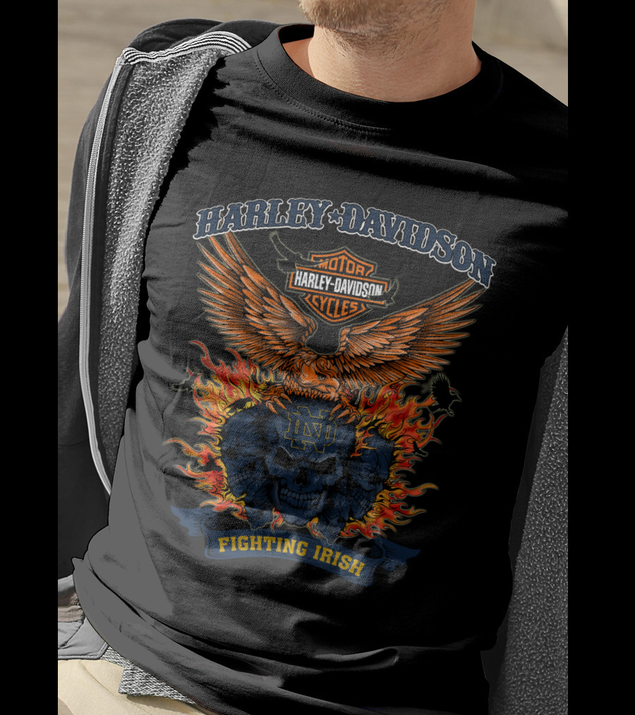 Harley Davidson Notre Dame Fighting Irish Skull And Flames T-Shirt