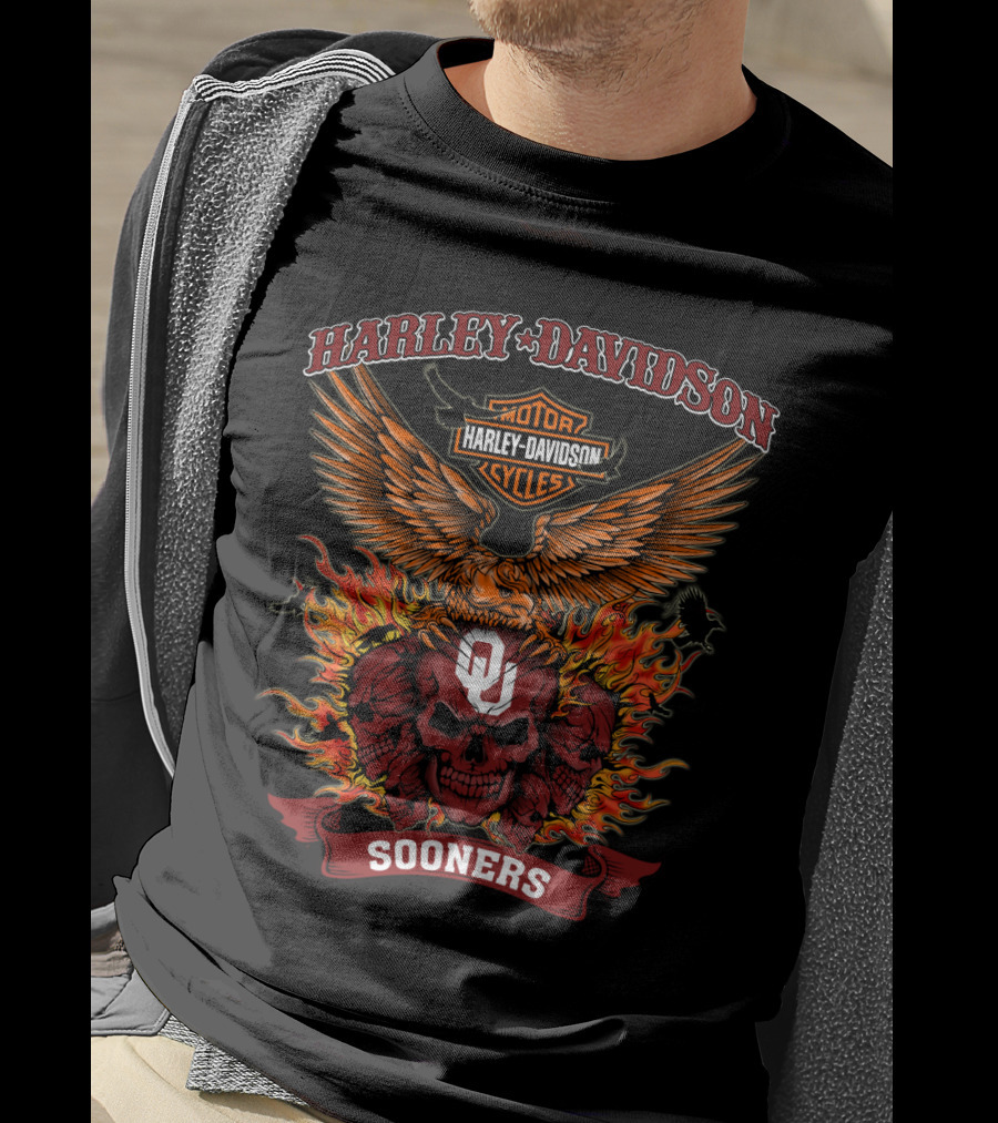Harley Davidson Motorcycles Oklahoma Sooners Ou Skull Flame T-Shirt