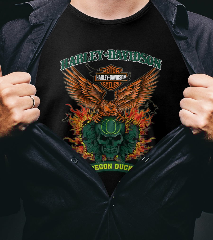 Harley Davidson Oregon Ducks Flaming Skull Eagle T-Shirt