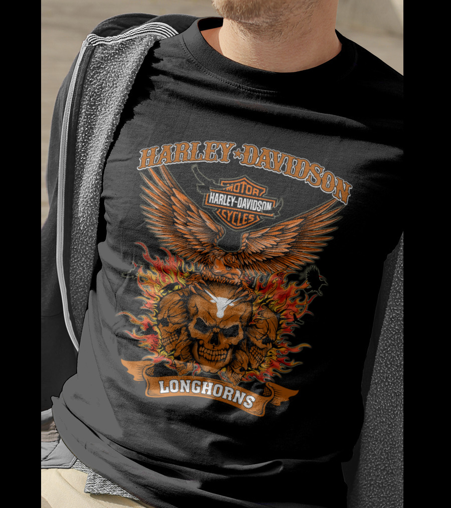 Harley Davidson Motor Cycles Longhorns Flaming Skull Eagle T-Shirt