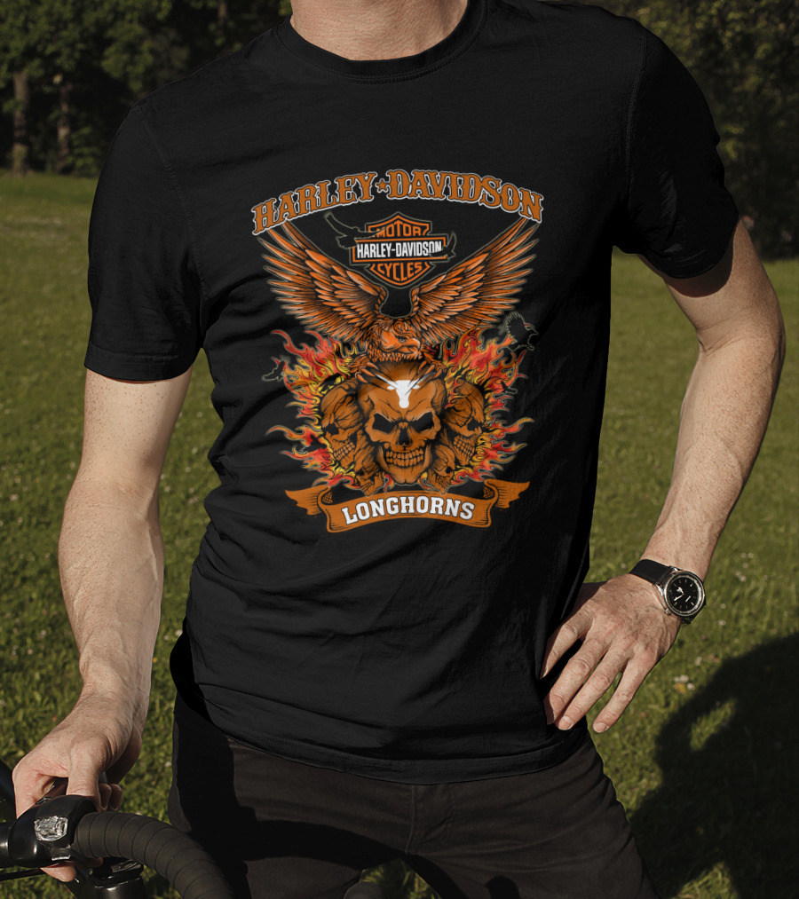 Harley Davidson Motor Cycles Longhorns Flaming Skull Eagle T-Shirt