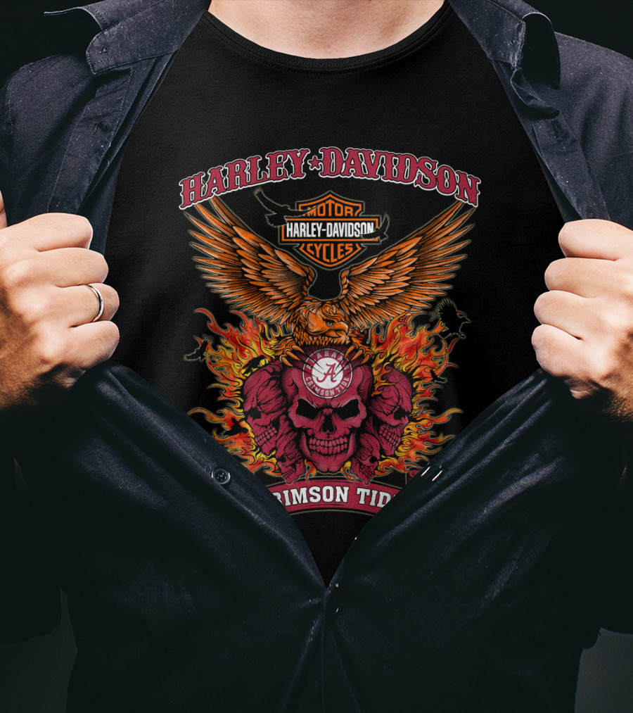 Harley Davidson Alabama Crimson Tide Motor Cycles Eagle Skull Flames T-Shirt