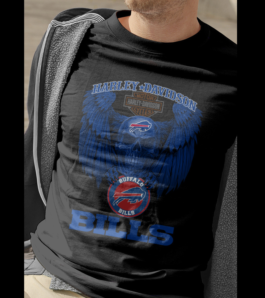Harley Davidson Buffalo Bills Nfl Skull And Wings T-Shirt