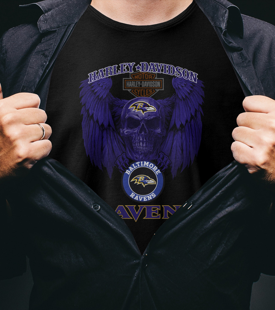 Harley Davidson Motor Cycles Baltimore Ravens Skull With Wings T-Shirt
