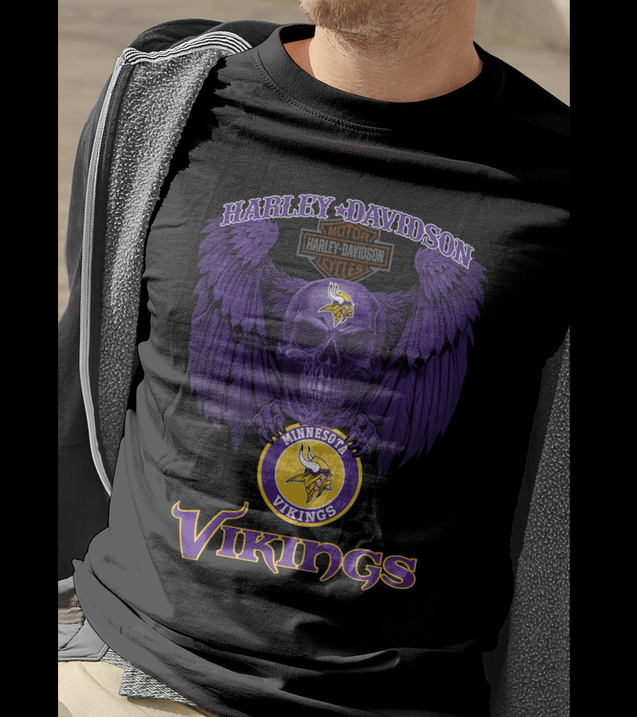Harley Davidson Minnesota Vikings Motorcycles Purple Skull Wings T-Shirt