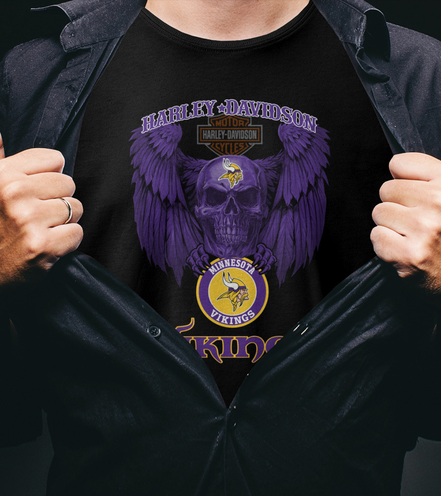 Harley Davidson Minnesota Vikings Motorcycles Purple Skull Wings T-Shirt