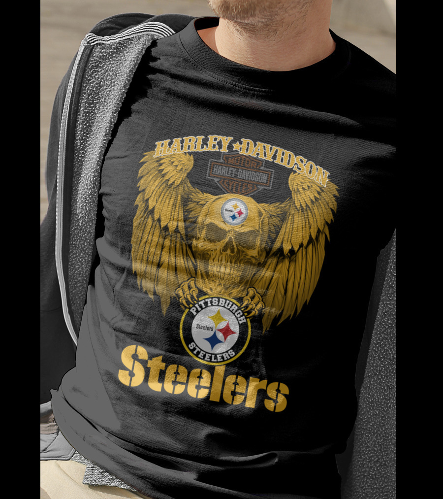 Harley Davidson Pittsburgh Steelers Skull Motor Cycles Winged T-Shirt