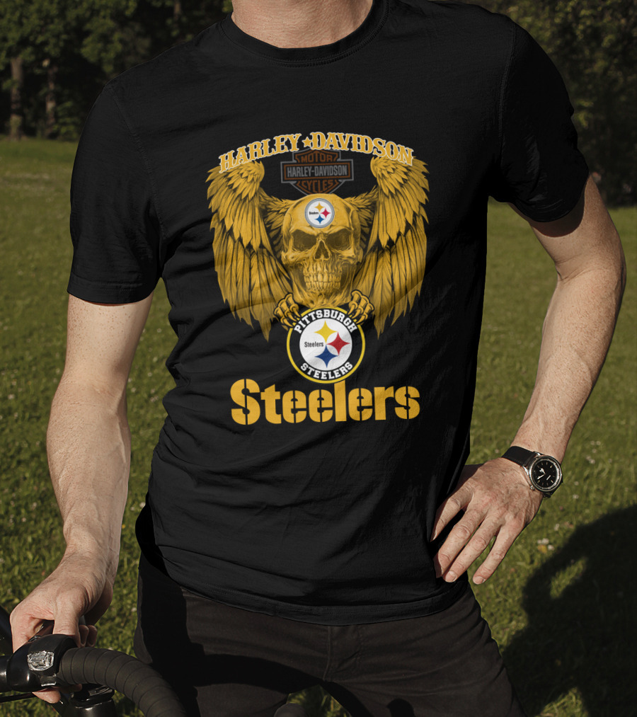 Harley Davidson Pittsburgh Steelers Skull Motor Cycles Winged T-Shirt