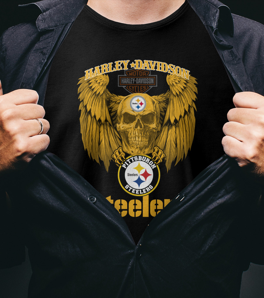 Harley Davidson Pittsburgh Steelers Skull Motor Cycles Winged T-Shirt