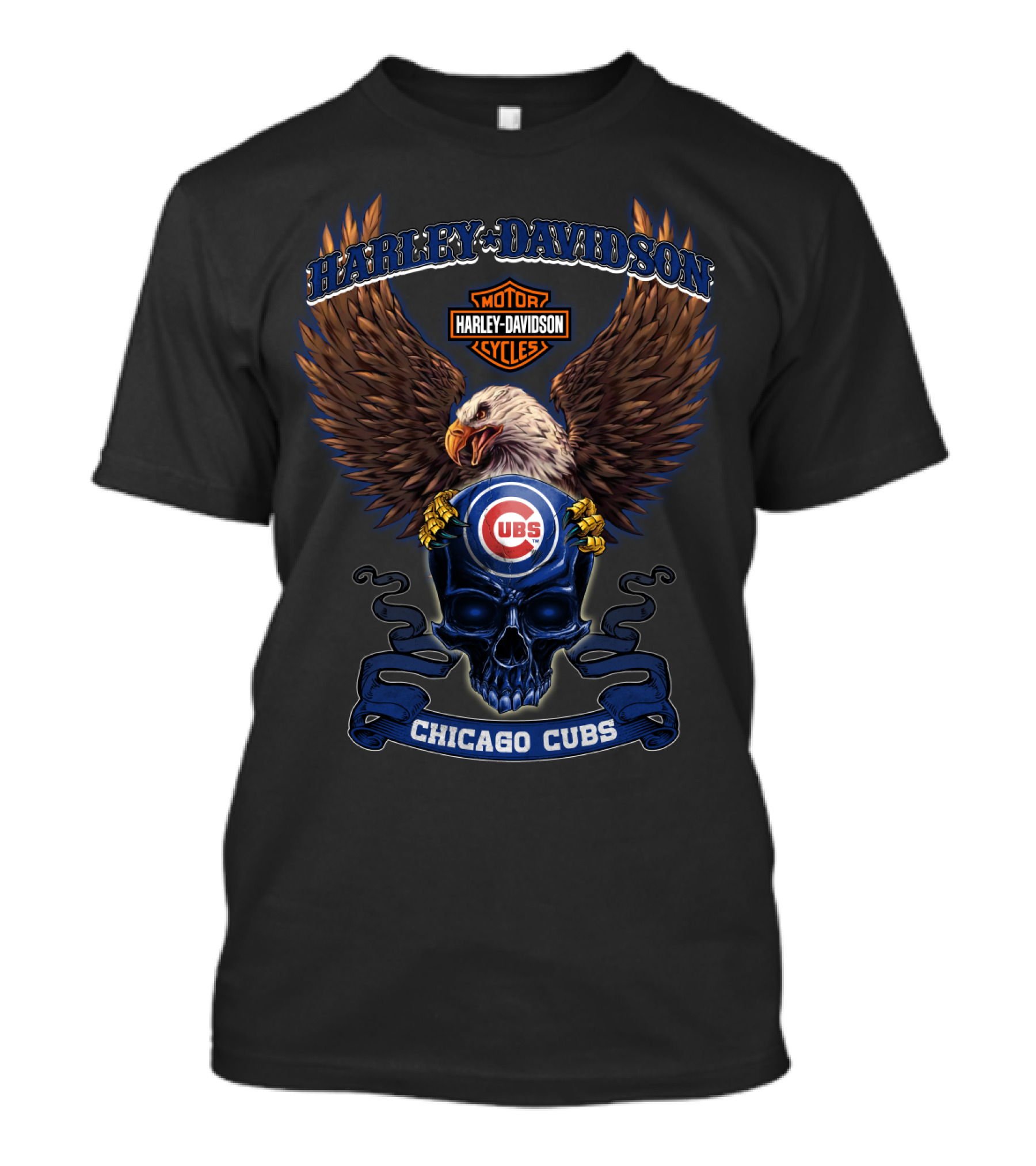 Harley Davidson Motor Cycles Chicago Cubs Cubs Eagle Skull T-Shirt