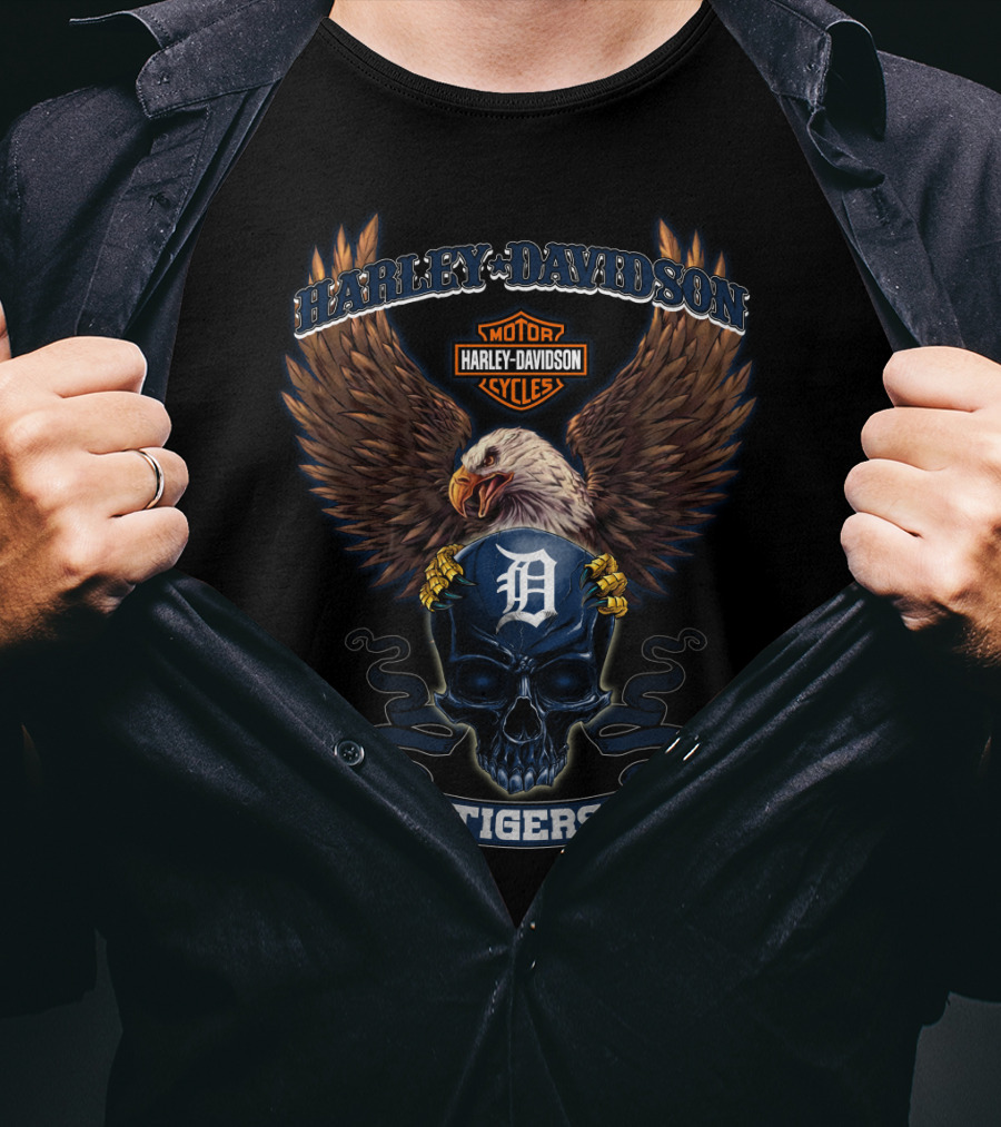 Harley Davidson Motor Cycles Detroit Tigers Eagle Skull T-Shirt