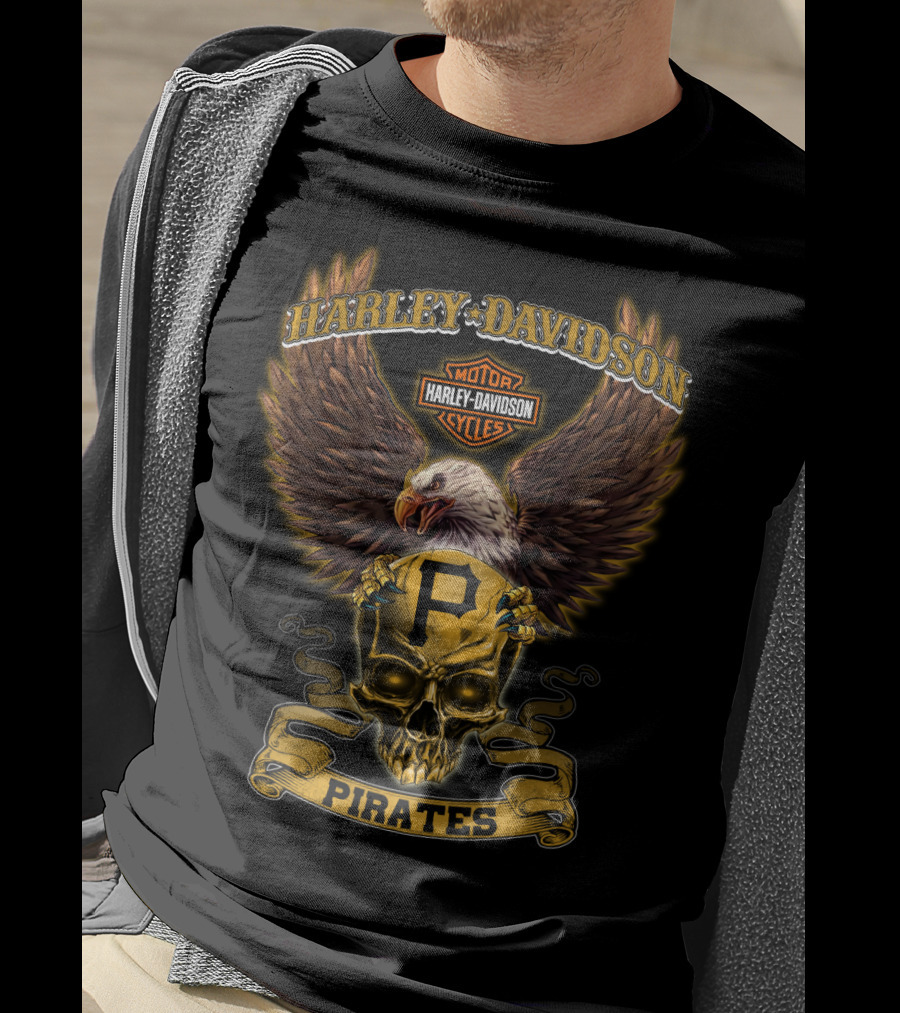 Harley Davidson Motor Cycles Skull Eagle Pittsburgh Pirates T-Shirt
