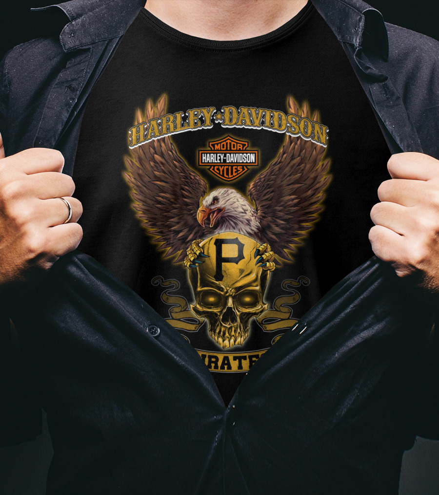 Harley Davidson Motor Cycles Skull Eagle Pittsburgh Pirates T-Shirt