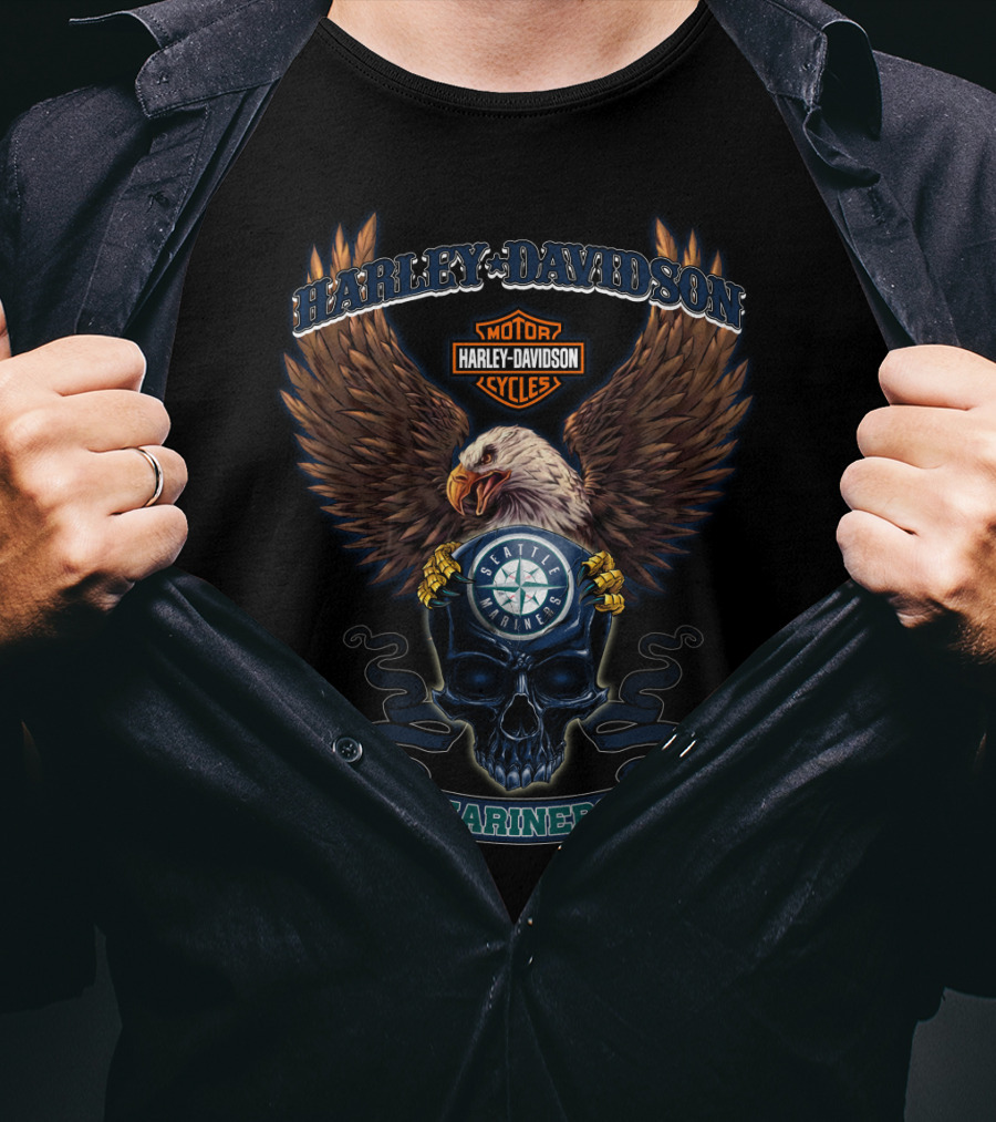 Harley Davidson Motor Cycles Seattle Mariners Eagle Skull T-Shirt