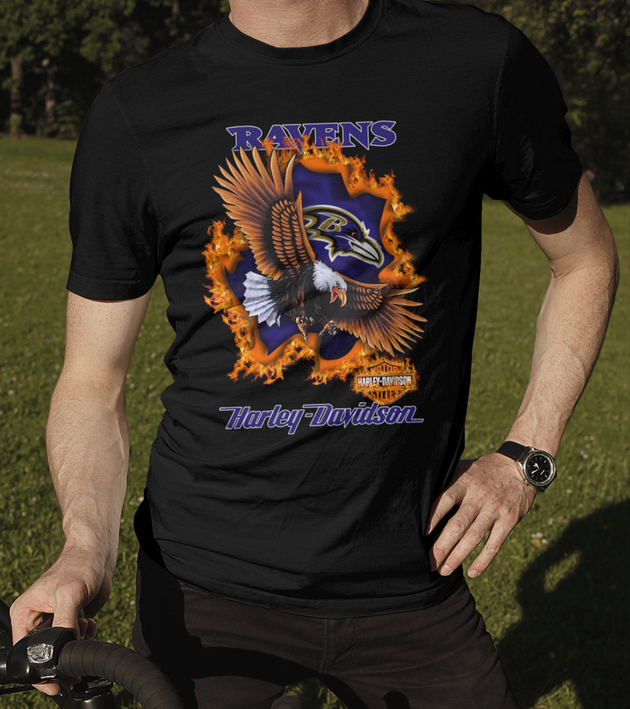 Ravens Harley Davidson Baltimore Ravens Logo Eagle Fire T-Shirt