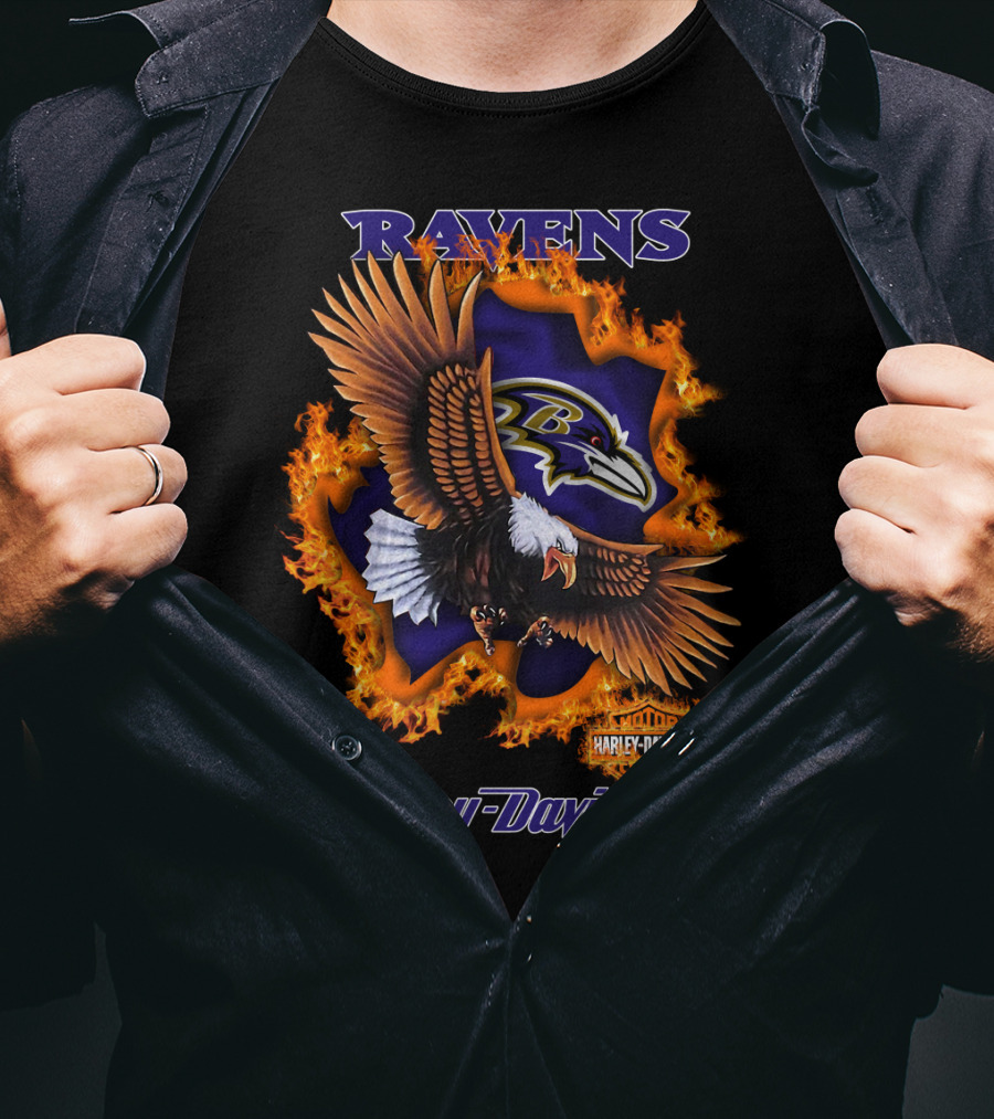 Ravens Harley Davidson Baltimore Ravens Logo Eagle Fire T-Shirt