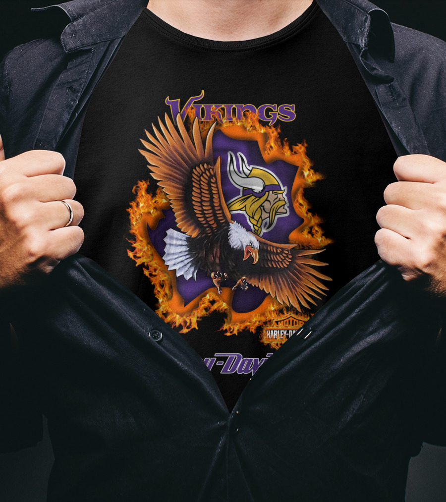 Vikings Harley Davidson Bald Eagle Fire T-Shirt