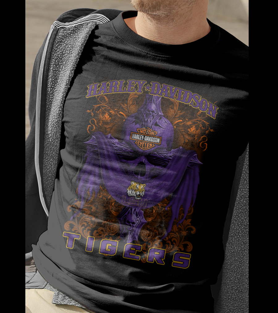 Harley Davidson Lsu Tigers Motorcycle Cycles Skull T-Shirt