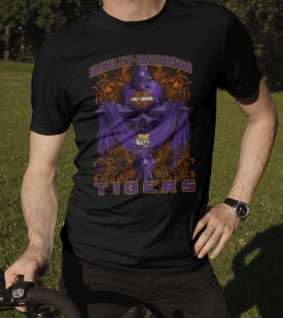 Harley Davidson Lsu Tigers Motorcycle Cycles Skull T-Shirt