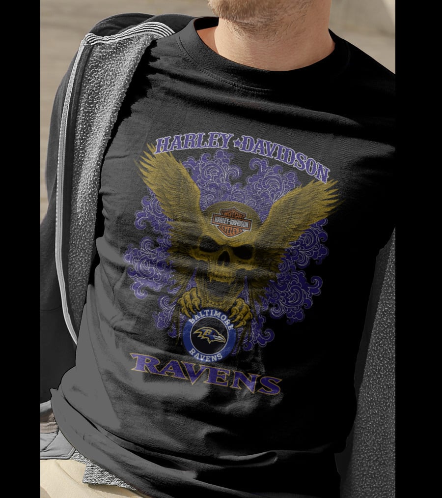 Harley Davidson Baltimore Ravens Nfl Skull Wings Ravens T-Shirt