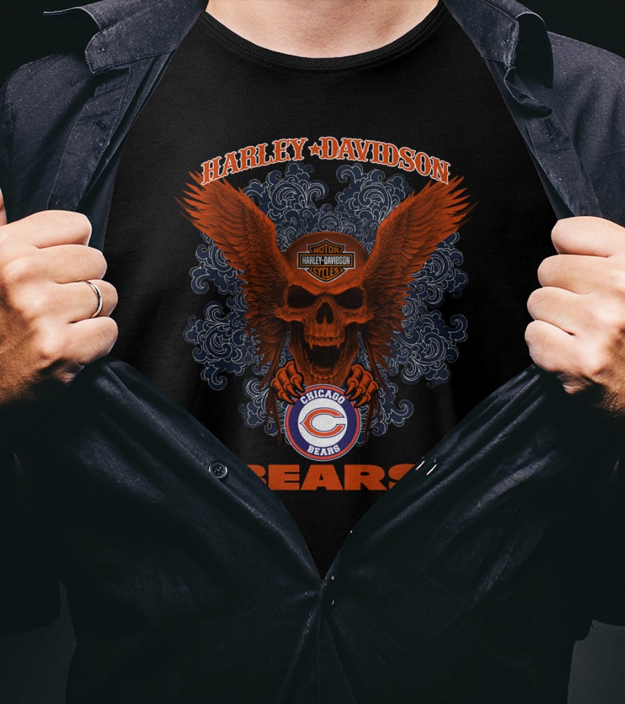Harley Davidson Chicago Bears Skull And Wings T-Shirt