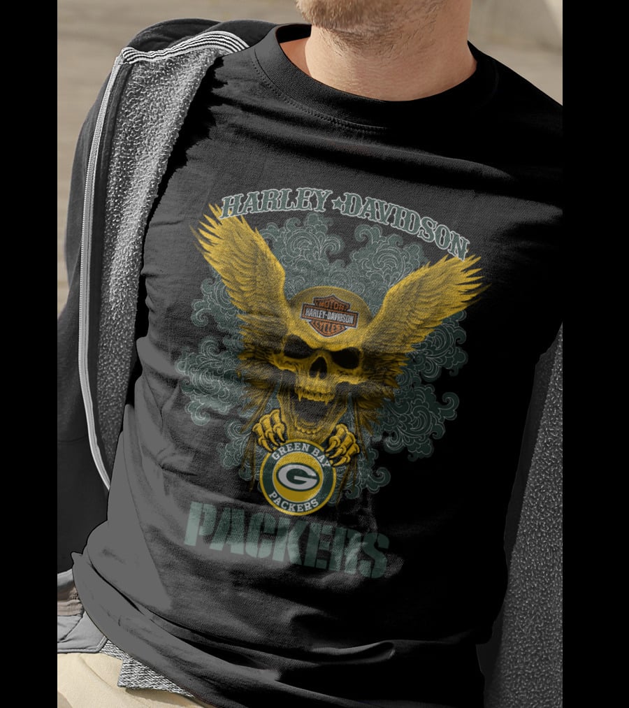 Harley Davidson Green Bay Packers Skull Wings T-Shirt