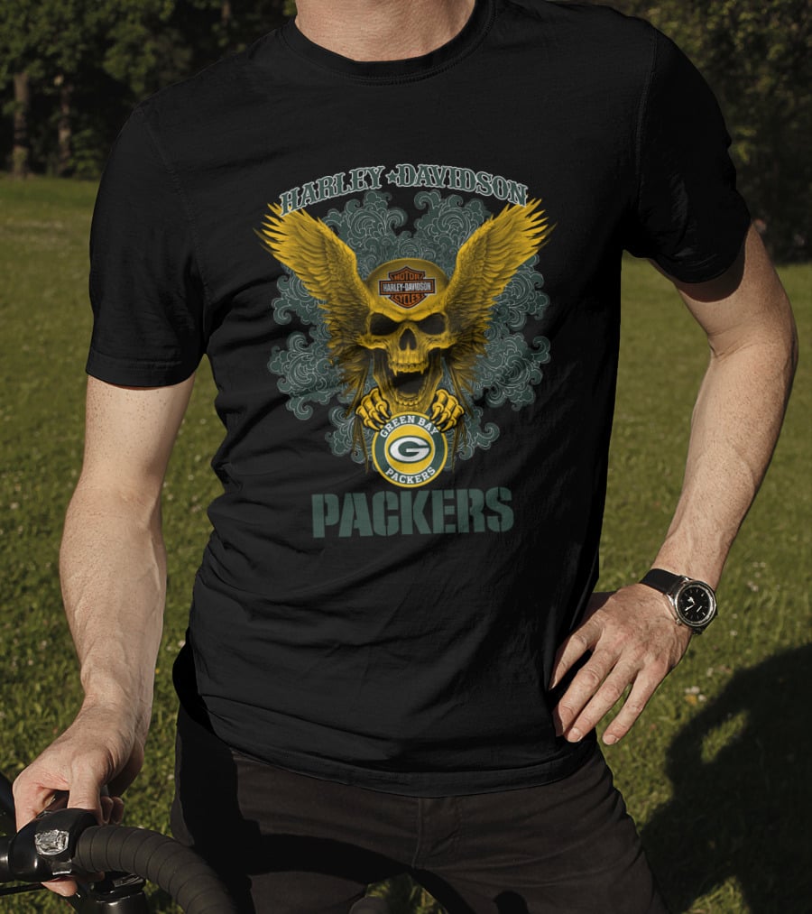 Harley Davidson Green Bay Packers Skull Wings T-Shirt
