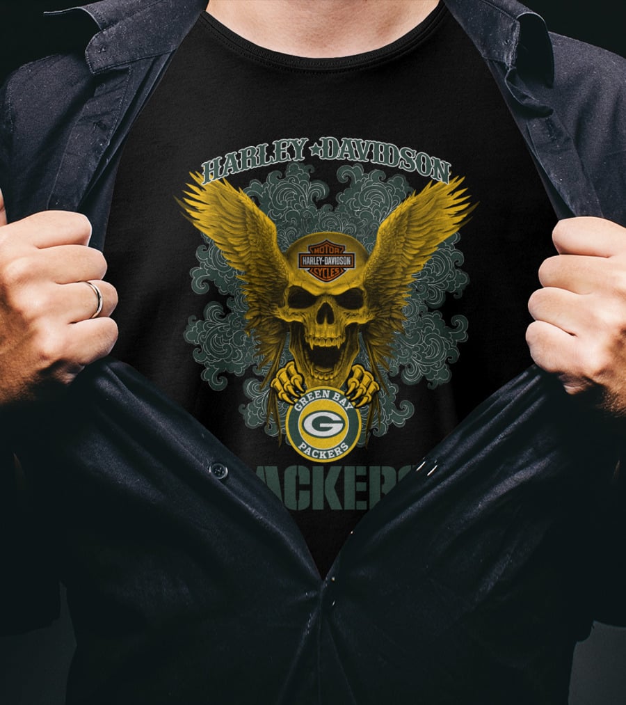 Harley Davidson Green Bay Packers Skull Wings T-Shirt