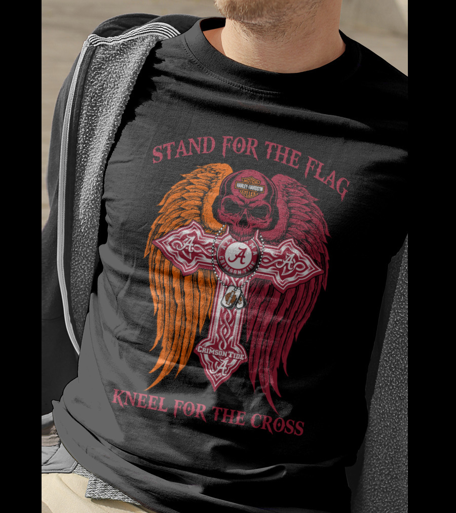 Stand For The Flag Kneel For The Cross Alabama Crimson Tide Harley Davidson Skulls Wings T-Shirt