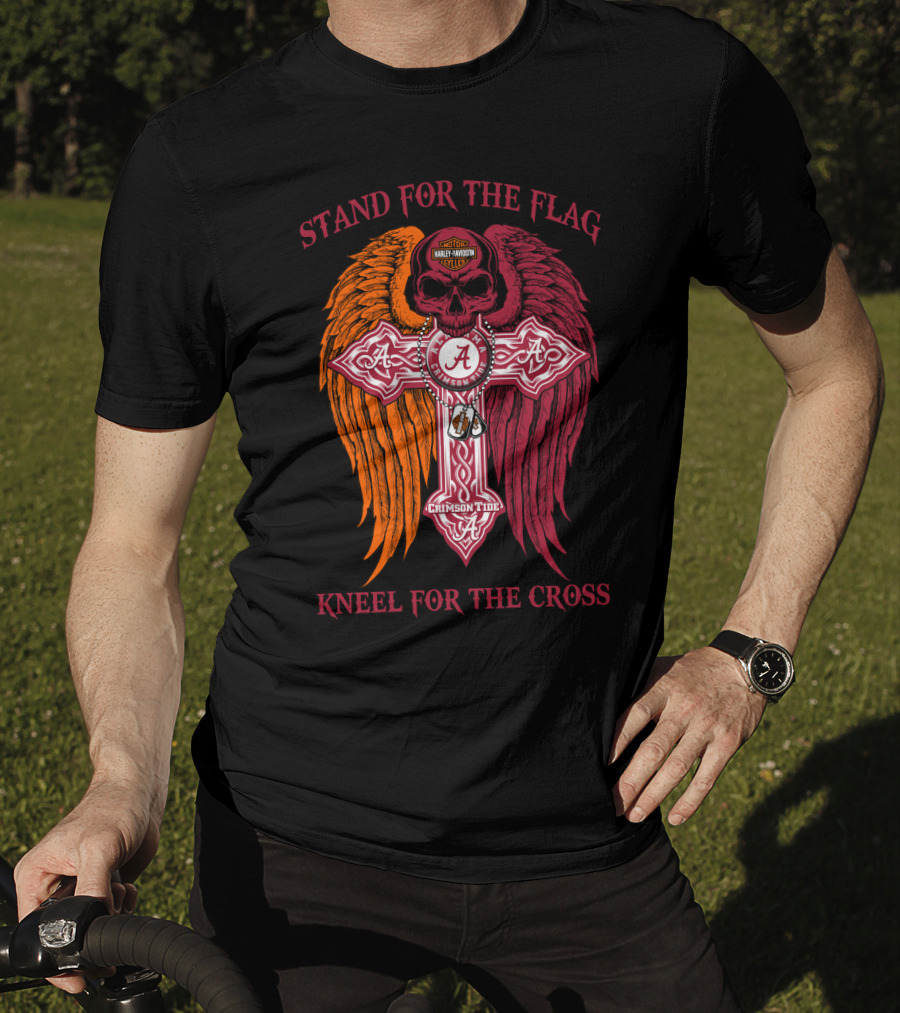 Stand For The Flag Kneel For The Cross Alabama Crimson Tide Harley Davidson Skulls Wings T-Shirt