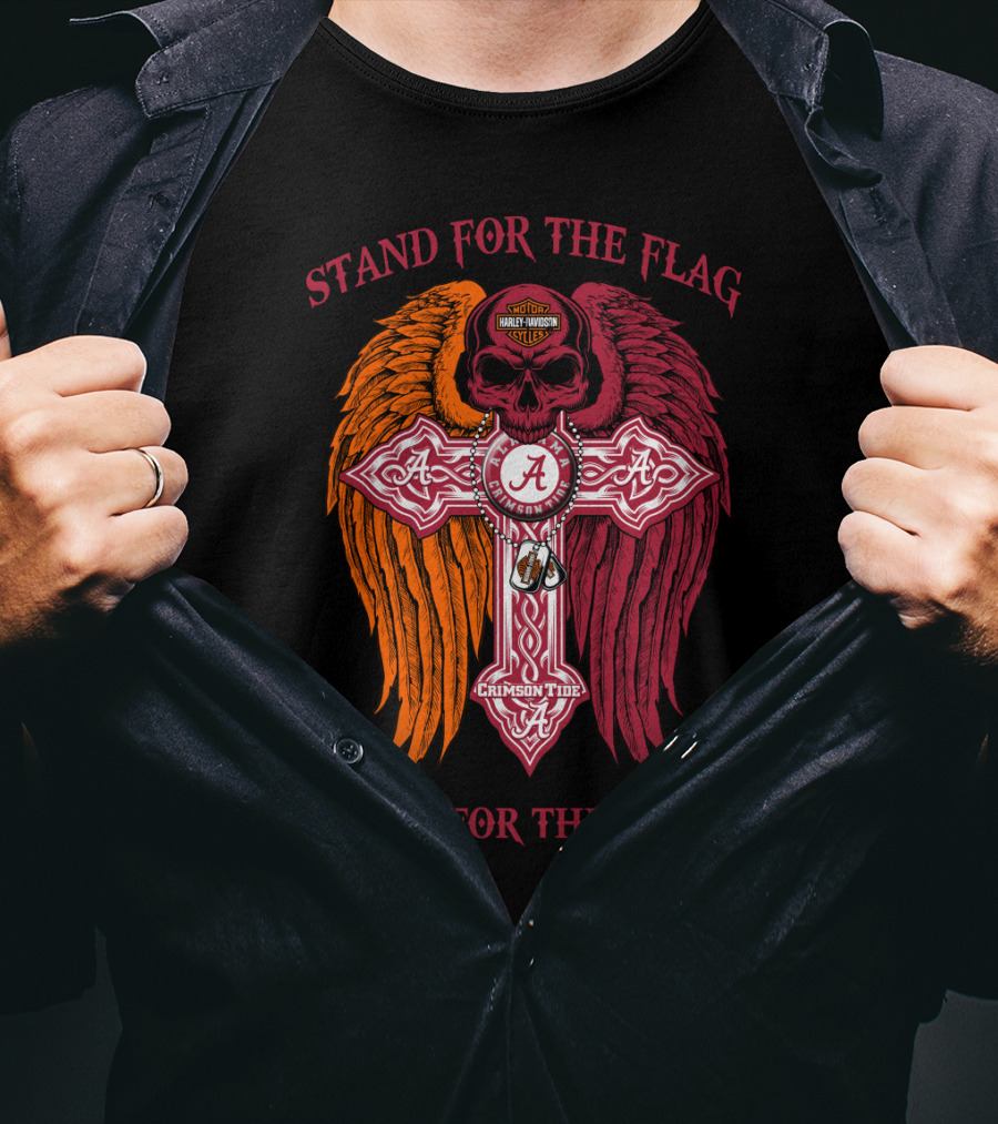 Stand For The Flag Kneel For The Cross Alabama Crimson Tide Harley Davidson Skulls Wings T-Shirt