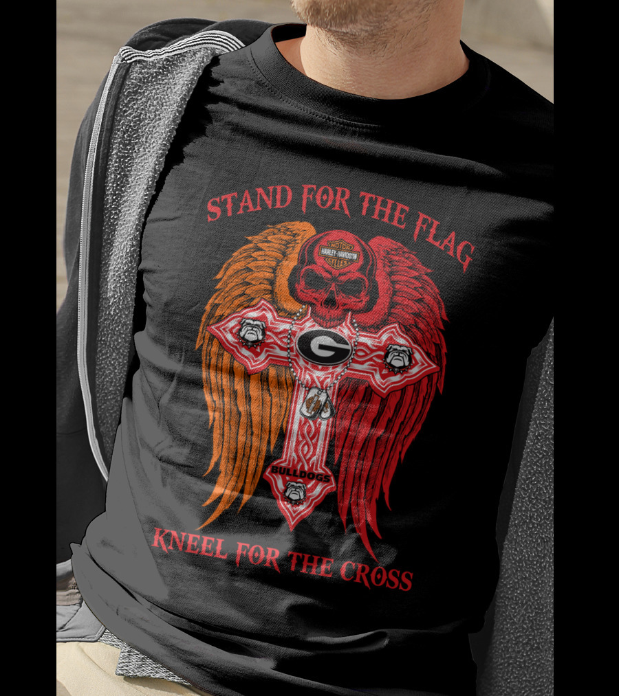 Stand For The Flag Kneel For The Cross Georgia Bulldogs Harley Davidson Riding Skull With Wings T-Shirt
